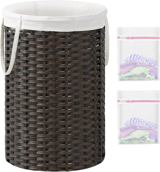 SETVSON 34.3 Gal (130 L) Large Laundry Hamper Laundry Basket Round Handwoven Wicker Laundry Baskets Rattan Laundry Basket with Removable Bag Handles 2 Mesh Bags for Living Room Bedroom Brown (No Lid)