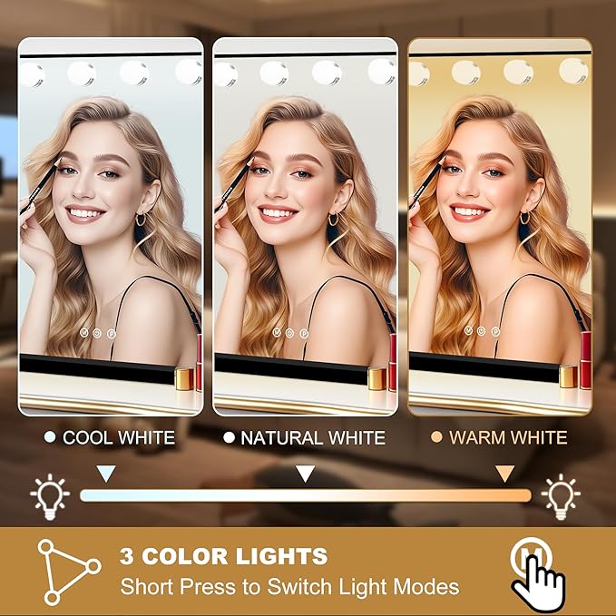 Moonee Black Vanity Mirror with Lights, Hollywood Lighted Makeup Mirror with 17 Dimmable Bulbs and 10X Magnification, 3 Colors Modes, Aluminum Metal Frame, Light Up Mirror for Tabletop/Wall（26" x 20"）