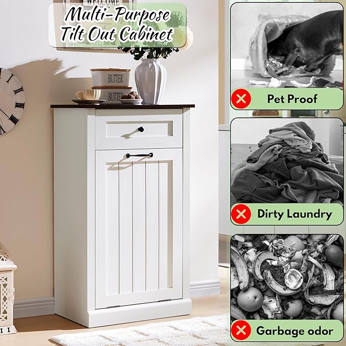 IFBUY Tilt Out Laundry Hamper Cabinet, 10 Gallon Farmhouse Trash Can Cabinet with Drawer, Hidden Wood Garbage Can Bin Cabinet with Laundry Storage Basket for Bathroom, Kitchen, Antique White