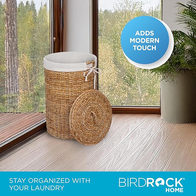 BIRDROCK HOME Seagrass Laundry Hamper with Lid & Liner - Handwoven Round Basket with Handles for Laundry/Dirty Clothes - Organizer, Storage, Shelves, Bin in Bathroom, Bedroom & Laundry Room - Natural
