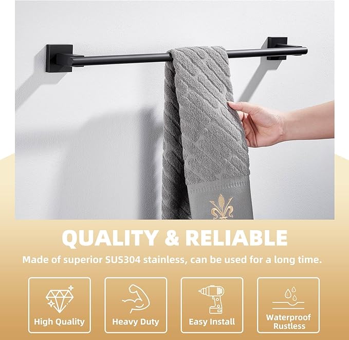 Suyar Matte Black Towel Bar, SUS304 Stainless Steel Bathroom Towel Holder, 23.5 Inches, Wall Mounted