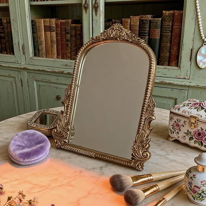 Baroque Champagne Gold Vintage Vanity Mirror 13x10 Inch, Wall-Mounted & Tabletop Dual-Use, Ornate Gold Accent Retro Decorative Mirror for Bedroom Dresser, Bathroom, Living Room and Dorm