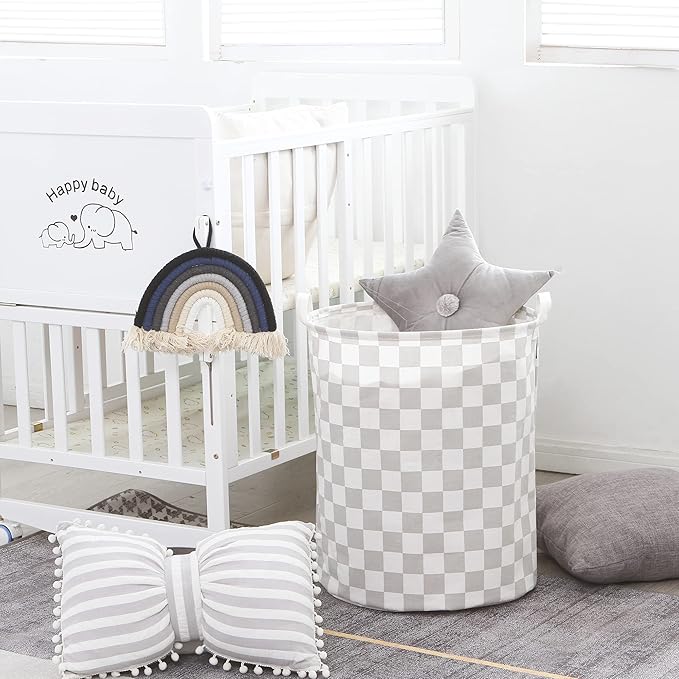 Sea Team 19.7 Inches Large Sized Waterproof Coating Ramie Cotton Fabric Folding Laundry Hamper Bucket Cylindric Burlap Canvas Storage Basket with Stylish Grid Grey Design