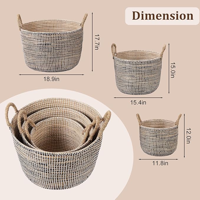 Laundry Hamper, Wicker Laundry Baskets with Handles, Storage Baskets, Woven Basket Decorative Baskets for Shelves, Basket for Gifts, Closet, Pantry, and Home Organization, Set of 3, Multi-Size