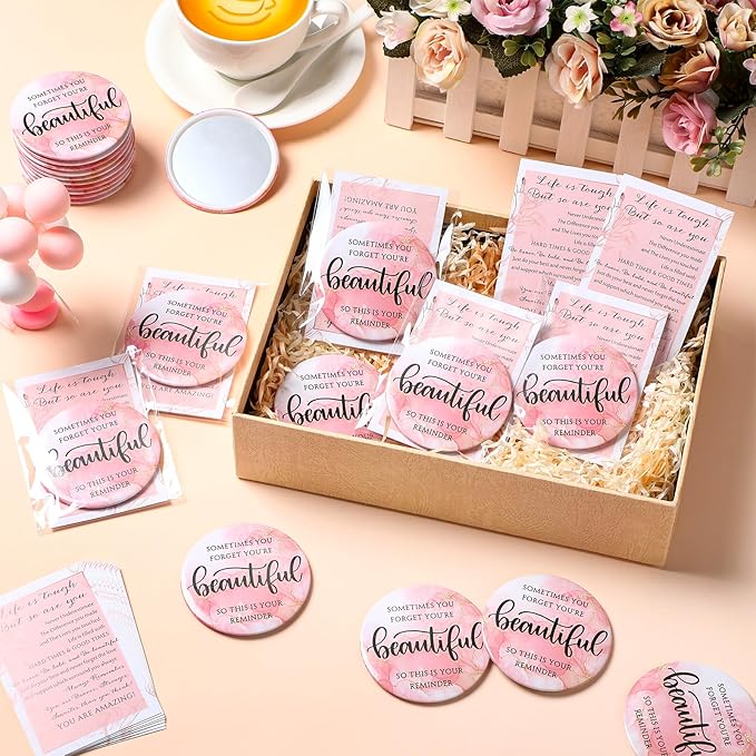 Cinnvoice 50 Sets Pink Inspirational Mini Compact Mirror Bulk for Women Small Portable Round Purse Mirrors Employee Appreciation Gift for Graduation Party Favors Coworker Nurse (Beautiful)