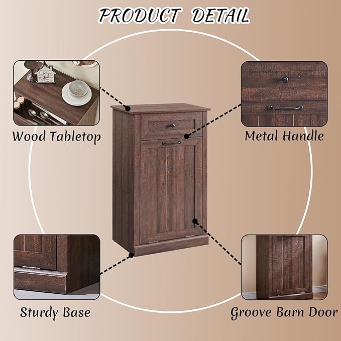 IFBUY Tilt Out Laundry Hamper Cabinet, 10 Gallon Farmhouse Trash Can Cabinet with Drawer, Hidden Wood Garbage Can Bin Cabinet with Laundry Storage Basket for Bathroom, Kitchen, Brown