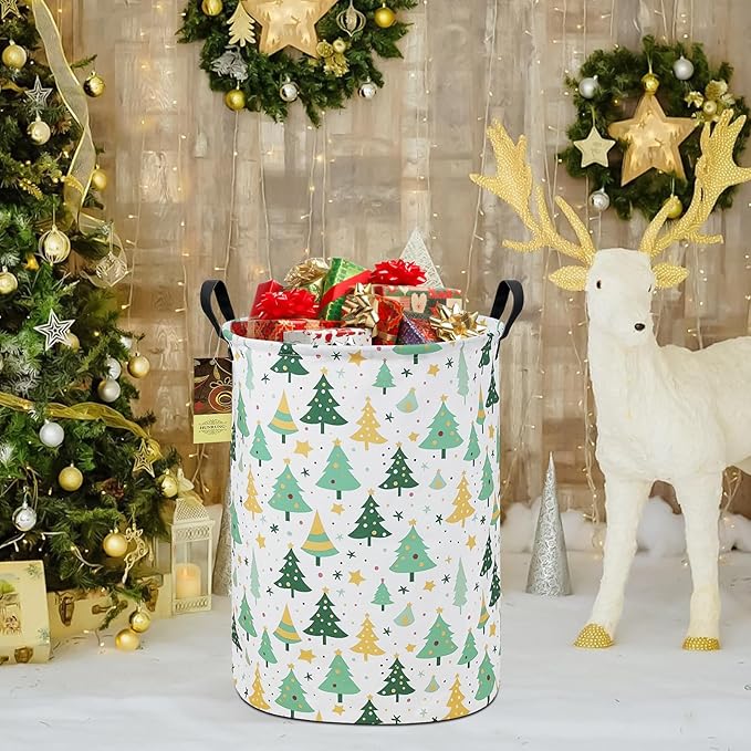 HUNRUNG Laundry Hamper,Large Canvas Fabric Lightweight Storage Basket Toy Organizer Dirty Clothes Collapsible Waterproof for College Dorms???Round-Green tree???