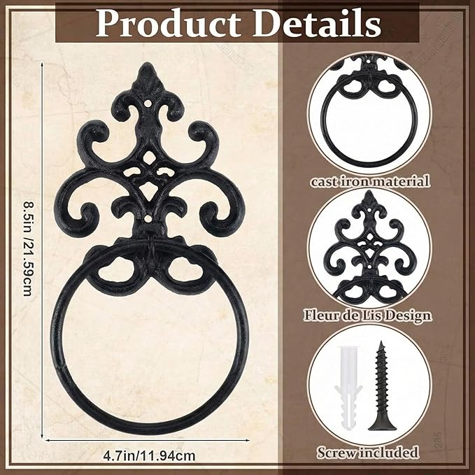 1 Pc Black Vintage Cast Iron Solid Towel Ring Fleur De Lis Design Antique Towel Holder for Bathroom Kitchen Accessories Wall Mounted Christmas Party Gifts