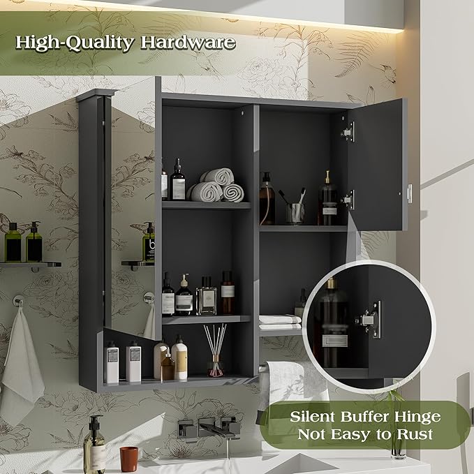 Merax Medicine Cabinet for Bathroom, Wall Mount Bathroom Cabinet with Mirror, Open Shelf, and Towel Bar, 29.5" W x 28.7" H Over The Toilet Mirrored Bath Wall Cabinet