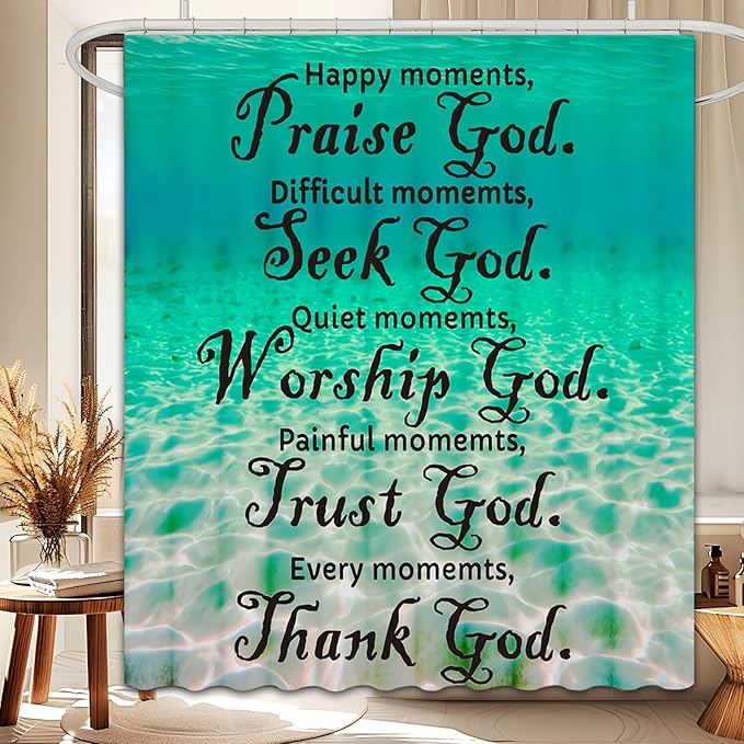 Dreamrflove Shower Curtain Ocean/Sea Themed, Blue Ocean Scripture Shower Curtain with,Classic Christian Scriptureins Quotes,72x72 Inch Waterproof Polyester Insulated Home Decor