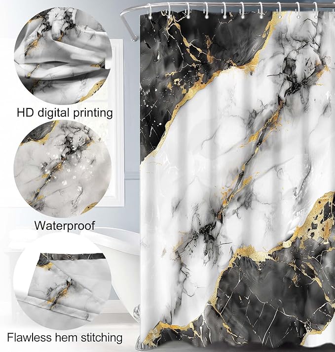 Lnond 4Pcs Bathroom Sets with Shower Curtain and Rugs, Marble Bathroom Shower Curtain Sets, Black White Gold Modern Art Bathroom Sets with Rugs and Accessories