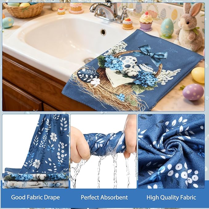 FuWeave 8 Pcs Easter Shower Curtain Set for Bathroom Decor Include Spring Floral Blue Bunny Egg Shower Curtain Hydrangea Towels Non Slip Rugs Toilet Lid Cover Bath Mat and 12 Hooks for Bathroom Decor