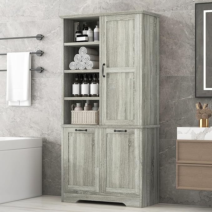 Virubi Tall Laundry Hamper Cabinet with 2 Tilt Out Hamper, Modern Wood Bathroom Laundry Storage Cabinet with Adjustable Shelves, Freestanding,Oak