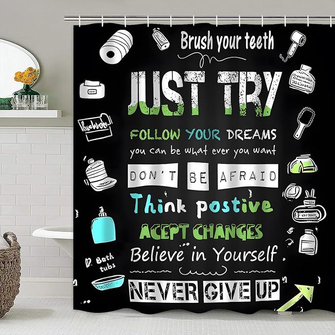 AZHM Black Inspirational Quotes and Positive Phrases Pattern Shower Curtain Set for Bathroom 4 Pcs Whimsical Design Bathroom Accessory Decor Sets with Shower Curtain and Rugs