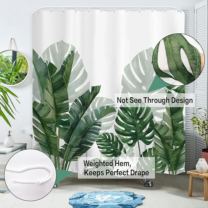 Baccessor Tropical Green Plant Shower Curtain Waterproof Washable Fabric Summer Bathroom Decor Botanical Banana Monstera Leaf Palm Tree Shower Curtain with Hooks 72 W x72 H Inch
