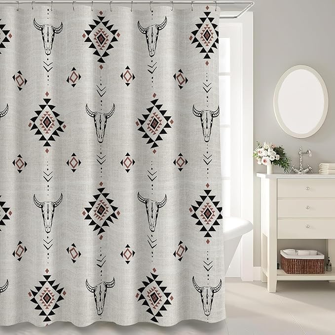 MUGINYU Western Aztec Linen Shower Curtain- Boho Farmhouse Fabric Shower Curtain Set, Ethnic Southwest Bull Skull Cow Shower Curtains for Bathroom, 72x72 Bath Curtain