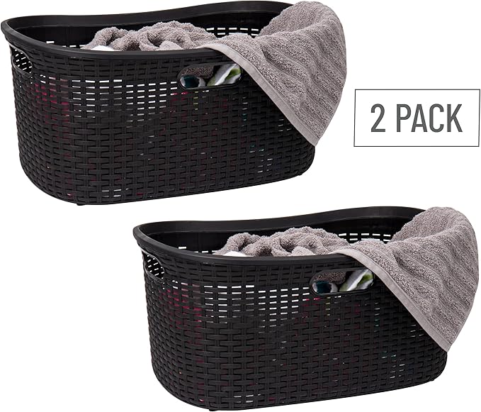 Mind Reader 40L Laundry Basket, Clothes Hamper, Premium Wicker Design, Plastic, Set of 2, Black