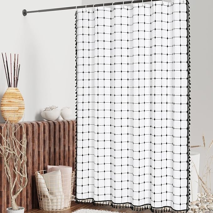 MitoVilla 36 x 72 Small Stall Boho Shower Curtain Set, White Black Narrow Polyester Linen Fabric Shower Curtains for Farmhouse Bathroom Decor, Half Size Cloth Shower Curtain Set with Hooks