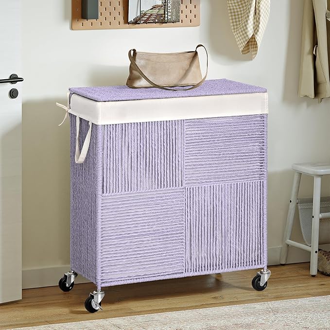WOWLIVE Double Laundry Hamper with Lid, Handwoven Rolling Laundry Basket with Wheels, 115L Dirty Clothes Hamper with Removable Liner Bag Large Capacity Laundry Sorter Laundry Room Organization,Purple