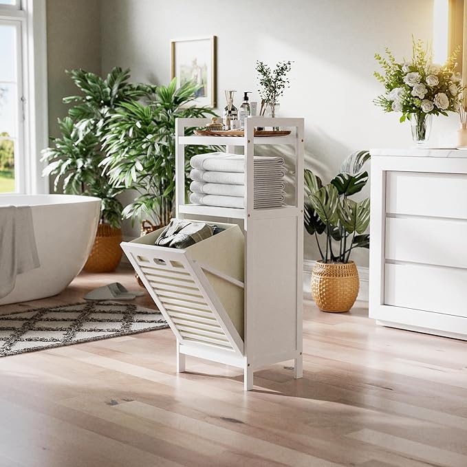 HITNET Bamboo Tilt Out Hamper, 10 Gal Bathroom Laundry Cabinet with Hidden Foldable Basket, Freestanding Clothes Storage Organizer with Storage Shelf, White