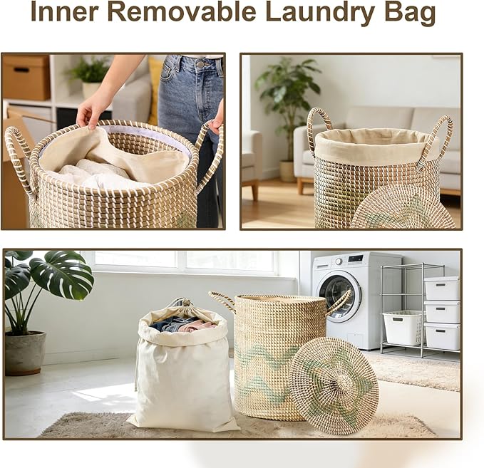 Laundry Hamper Storage Baskets with Lid, Woven Basket Decorative Baskets for Shelves, Basket for Gifts, Closet, Pantry, and Home Organization, Set of 4, Multi-Size