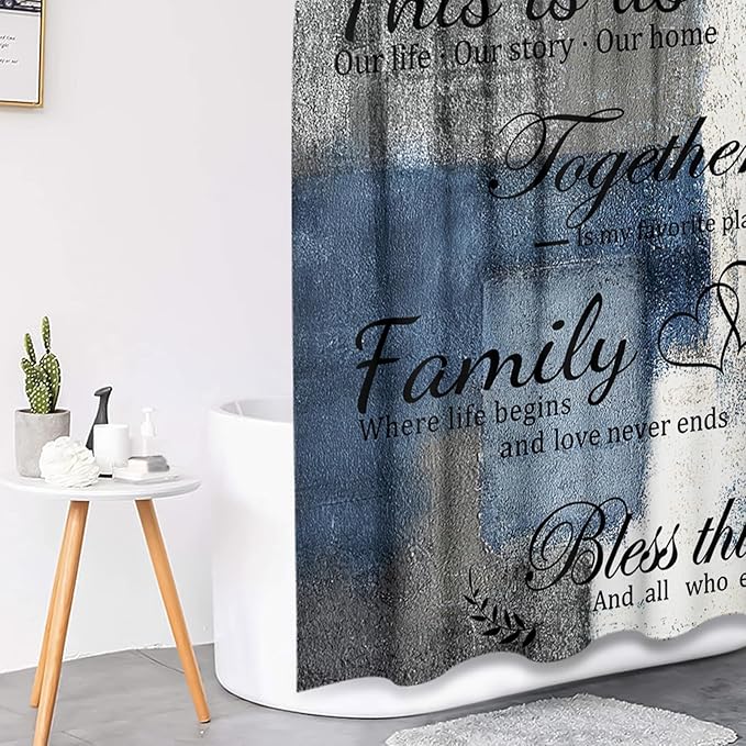 Family Home Motivational Shower Curtain Set with Toilet Lid Cover and Non-Slip Rugs for Bathroom, Blue Grey White Abstract Painting Art 4 Pcs Shower Curtain, Modern Bathroom Set with 12 Hooks