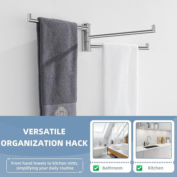 Aomasi Swivel Towel Rack for Bathroom, 304 Stainless Steel Wall Mounted Rotating Towel Holder with 3 Arms, Space Saving & Heavy Duty, Polished Chrome