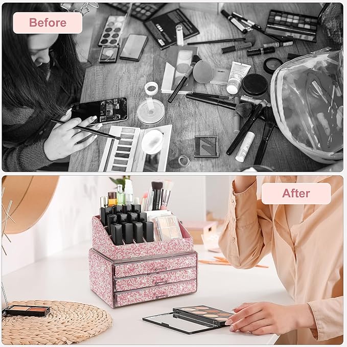 KEYPOWER Makeup Organizers Drawer Bling Diamond,Fashion Countertop Jewelry Cosmetic Storage Display Boxes,Makeup Brush Holder, Cosmetic Holder,2 Pieces Set(Purely Handmade)(Pink)