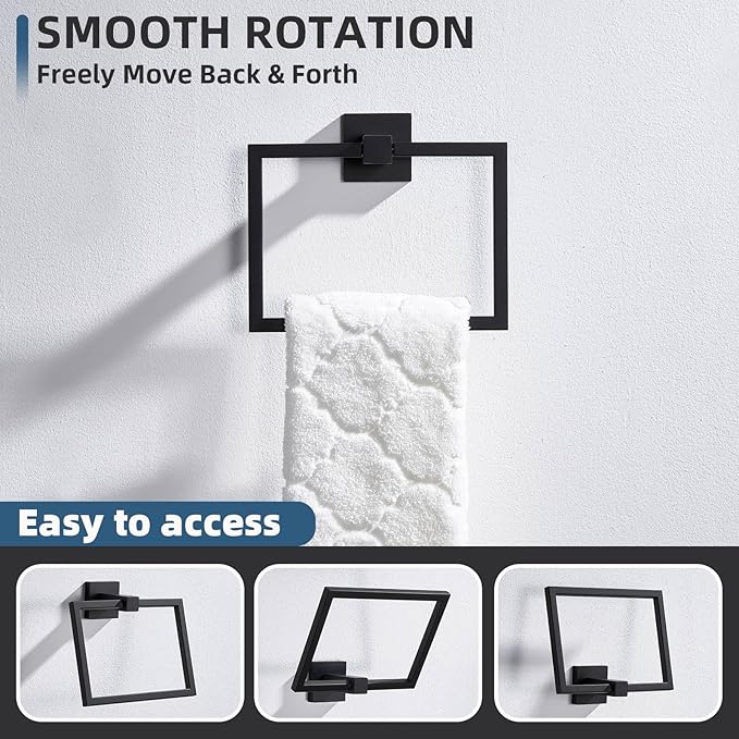Angle Simple Square Towel Ring Matte Black, SUS 304 Stainless Steel Bathroom Swivel Hand Towel Holder Rack 7.09 Inches, Wall Mount