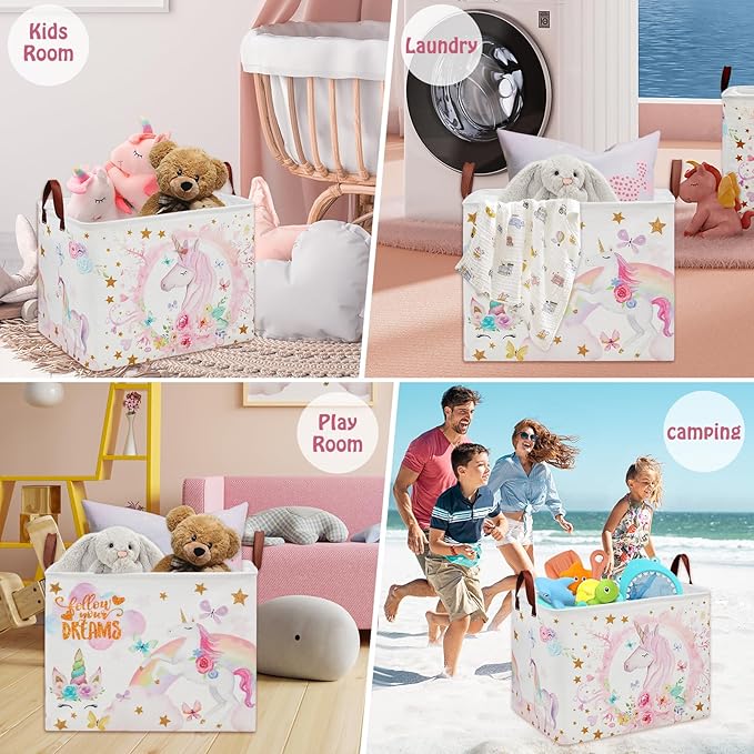Unicorn Room Decor Kids Basket,Pink Baby Girl Laundry Hamper-Rainbow Toddler Storage Toy Box,Cute Clothes Book Toy Bin for Bedroom Bathroom