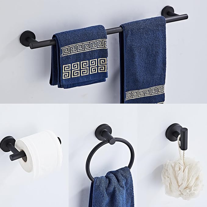 Matte Black Bathroom Hardware Set 5 Piece with Towel Racks for Bathroom, SUS304 Stainless Steel Bath Towel Bar Set, 24 Inch Wall Mounted Accessories Kit…