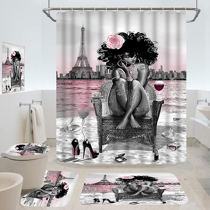5Pcs Black Girly Bathroom Sets with Rugs and Wall Painting, Pink and Black African American Shower Curtain Set with Rugs, Parisian-Style Modern Wall Decor, Bathroom Shower Curtain and Rug Set
