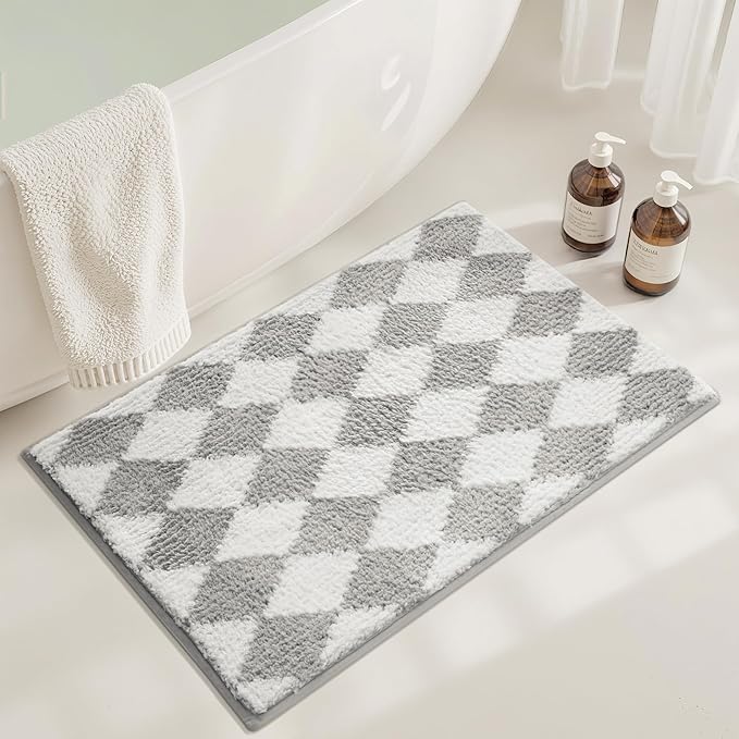 GRANNY SAYS Diamond Bathroom Rugs, 24" x 36", Non-Slip Bath Mats for Bathroom, Plush Shag Absorbent Microfiber Ultra Soft Bath Mat, Cute Washable Rug for Tub, Shower, Bedroom, Light Grey
