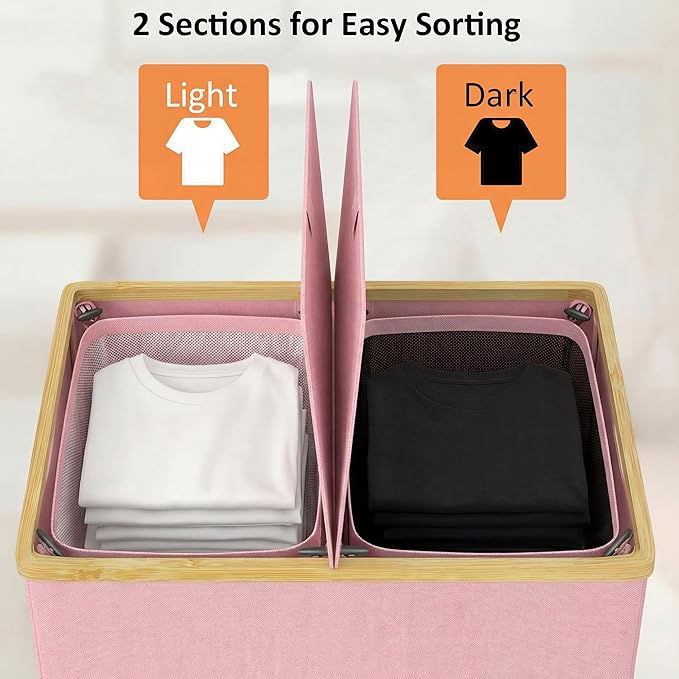 efluky Laundry Hamper with Lid, Double Laundry Hamper with 2 Removable Bags, 2 Section Laundry Basket with Bamboo Handles for Bathroom, Bedroom & Laundry Room (Pink, 140L Dual)