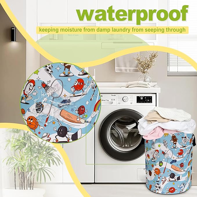 Ball Sports Laundry Basket Funny Balls Game Foldable Waterproof Oxford Cloth Tote Bag Laundry Hamper Round Large Clothes Storage Bucket Toy Organizer For Bathroom/Laundry Storage/Bedroom 18.9x16.5 In