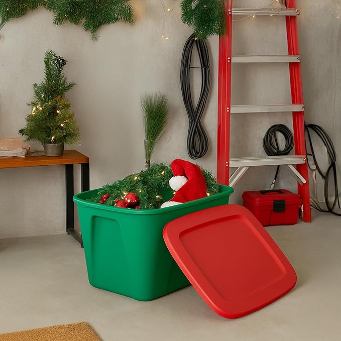 HOMZ 4-Pack Molded Bin, Holiday Storage Containers w/ Lids, 18 Gal, Green/Red Stackable Plastic Totes for Christmas Decorations, Gift Wraps, Crafts