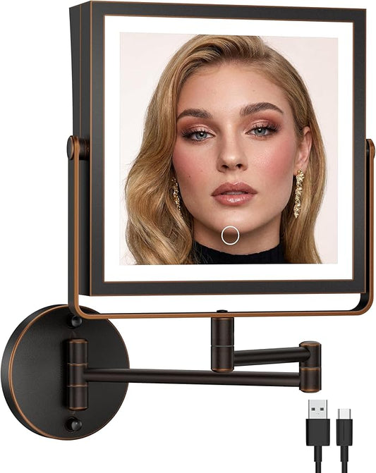 Rechargeable Wall Mounted Makeup Mirror with Lights, 4000mAh Double Sided 1X/10X Magnifying Vanity Mirror with 3 Color Lights, Touch Dimmable, 360° Extension Foldable Arm(Oil Rubbed Bronze
