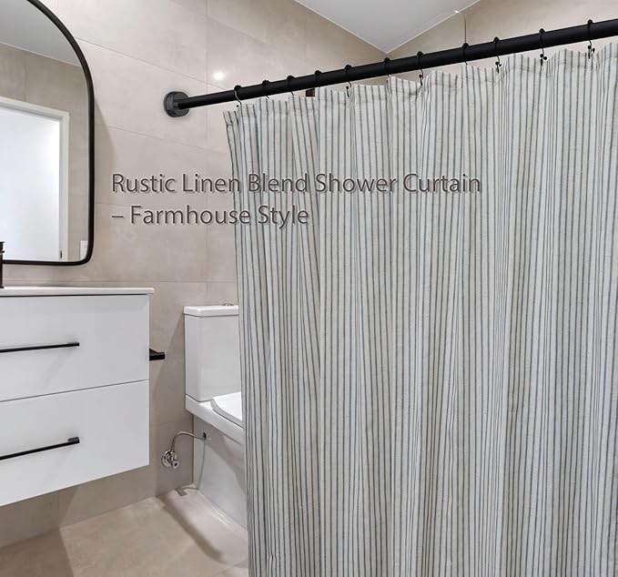 Farmhouse Striped Shower Curtain - 72x72 Inches, Linen Blend Fabric, Breathable & Machine Washable, Rustic Dusty Blue for Bathroom Decor (Hooks/Liner Not Included)