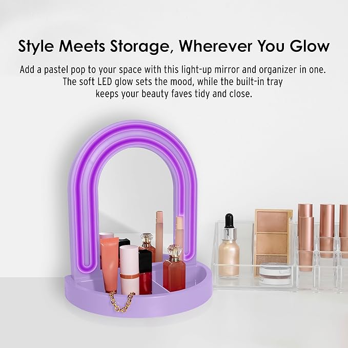 LED Vanity Mirror with Tray, for Desk, Dressing Table, Light Up Mirror for Makeup, Dorm Desk Vanity Mirror with Lights, Purple