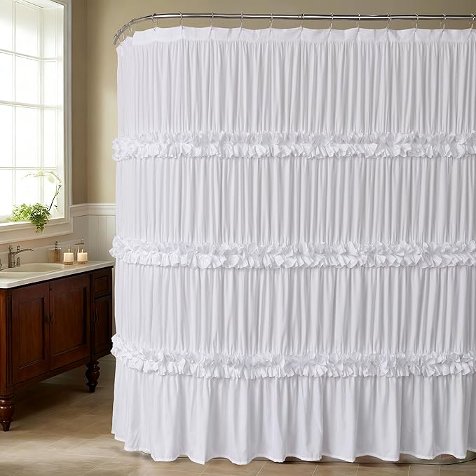 Extra Wide Shower Curtain 108" W x 72" L, Vintage Handcrafted Bow Tie Bath Curtain for Bathroom and Clawfoot Tub, Victorian Ruffle Bathroom Curtain with 18 Buttonholes, White (LQ-10)