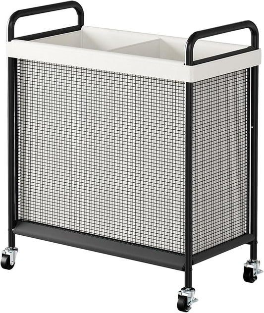 WOWLIVE Laundry Hamper 2 Section, 100L Rolling Laundry Basket with wheels and Removable Liner Bag, Double Laundry Sorter with Metal Handle, Clothes Hamper for Laundry Room, Bathroom and Dorm, Beige