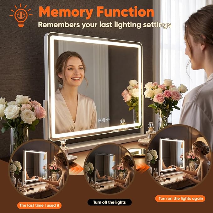 Antok Vanity Mirror with Lights, 14"X18" Lighted Makeup Mirror, Smart Touch, 3 Color Modes and Brightness Adjustable, LED Vanity Mirror with Detachable 10X Magnification, 360° Rotation for Makeup Desk
