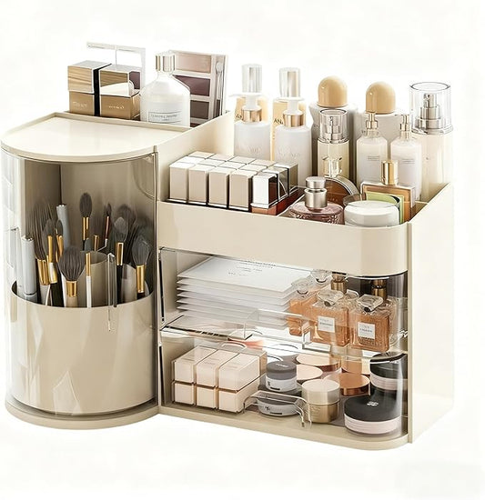 Makeup Organizer 14" D x 8.3" W x 9" H Cosmetic Organizer with Drawers Countertop Skincare Organizer for Vanity Cosmetic Display Case Storage Rotating Brush Holder (Cream)