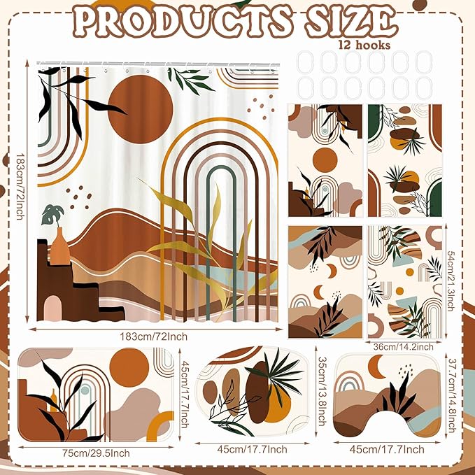 Tatuo 8 Pcs Mid Century Shower Curtain Set Boho Theme Bathroom Accessories Sets Decor Minimalist Modern Waterproof Shower Curtain with Towels Carpet Bath Mat Toilet Rugs and 12 Hooks