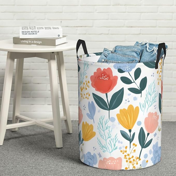 Floral Laundry Hamper, Collapsible Storage Basket with Handles for Clothes, Bedroom, Bathroom 19.6 x15.7 Inch