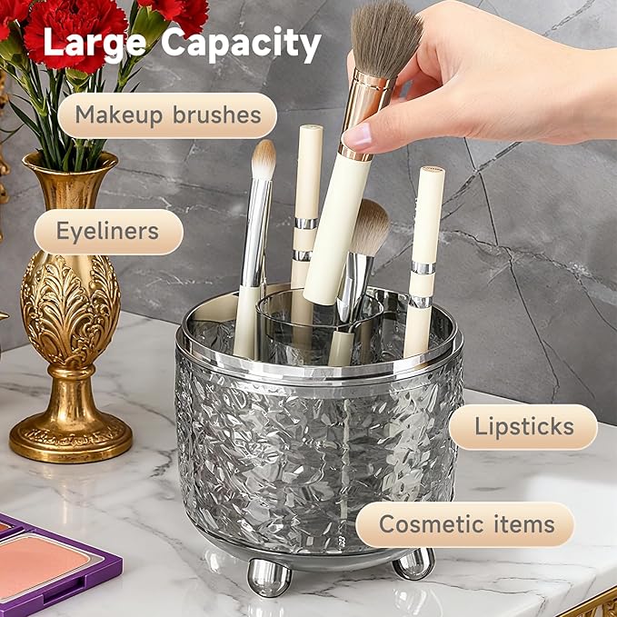 Makeup Brush Holder with Lid, Cosmetic Tools Organizer with Cover, 360?? Rotating Sliding Opening Dustproof Brushes Container for Vanity, Ideal Gift for Girlfriend Wife Friends (Gray)