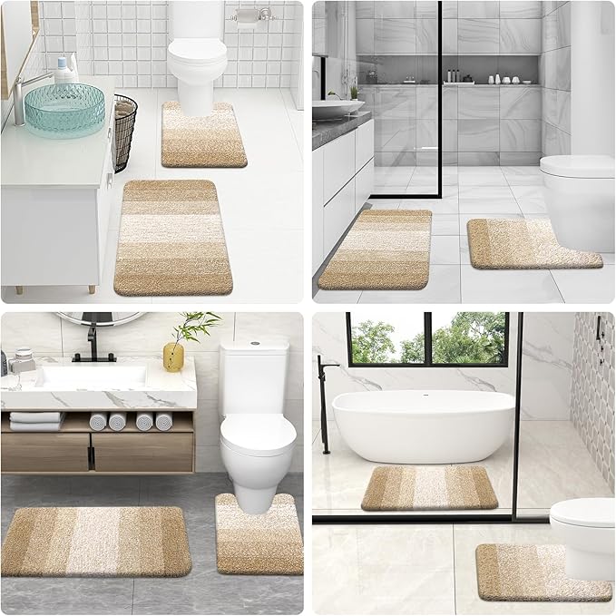 OLANLY Bathroom Rugs Sets 3 Piece, Soft Absorbent Microfiber Bath Mats and U-Shaped Contour Toilet Rug, Plush Shaggy Bath Mat Set for Bathroom (47"x20"+24"x16"+24"x20", Tan)