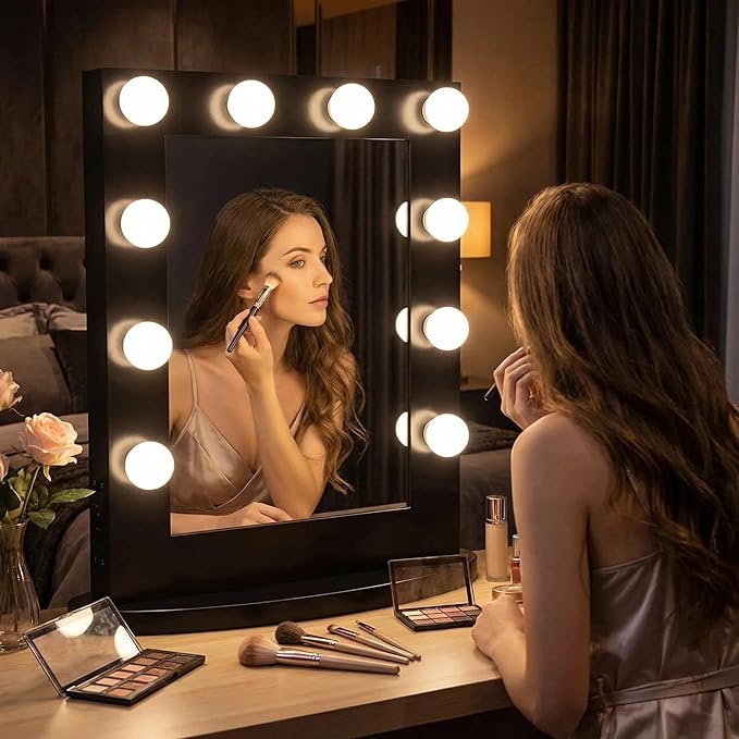 Tangkula Hollywood Makeup Vanity Mirror with Lights, Standing Vanity Makeup Mirror with Detachable Base, Beauty Mirror Makeup Mirror with Dimmer for Dressing Room Bedroom (Black)