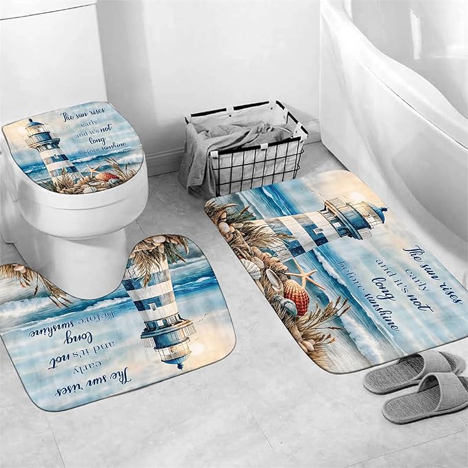 Chrainy 4Pcs Nautical Lighthouse Shower Curtain Sets Sea Seashell Bathroom Set Decor with Non-Slip Rugs Bath U-Shaped Mat Toilet Lid Cover Starfish Lighthouse Bathroom Curtain Shower Set with 12 Hooks