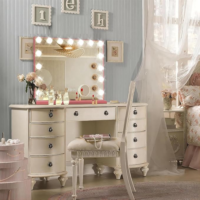 Ratsamee Pink Hollywood Vanity Mirror with Lights, 15 Dimmable Bulbs, 3 Color Lights,Make Up Lighted Mirror, Aluminum Metal Frame, USB Charging Port（23" x 18"）